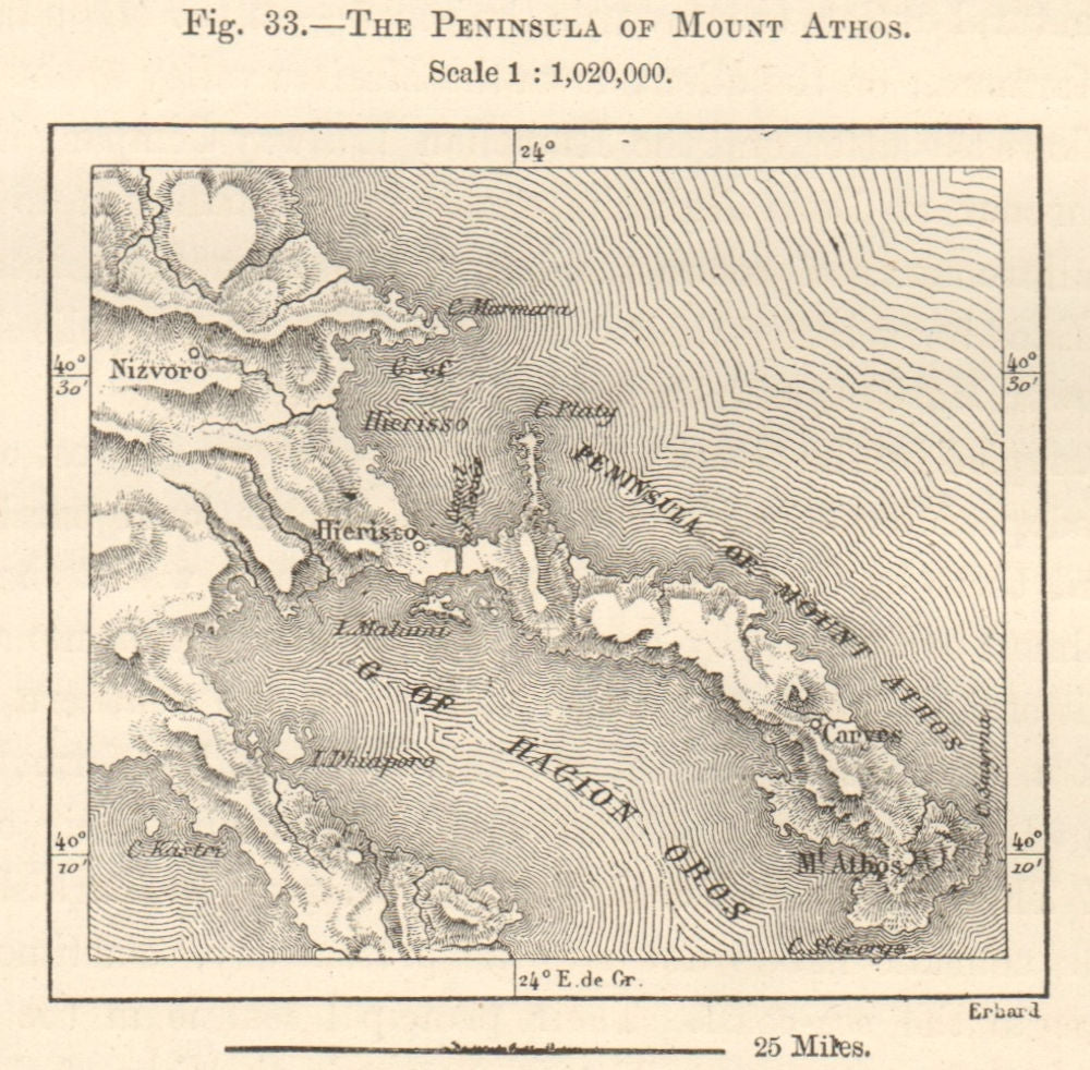 The Peninsula of Mount Athos. Greece sketch map. SMALL 1885 old antique